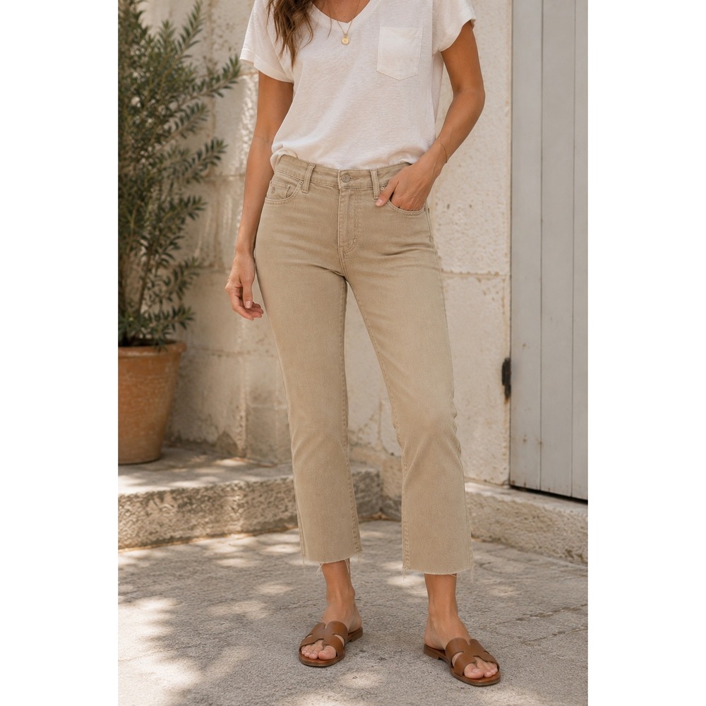 AG The Isabelle High Rise Straight Crop Raw Hem Jeans Sand Beige Tan 26R 26